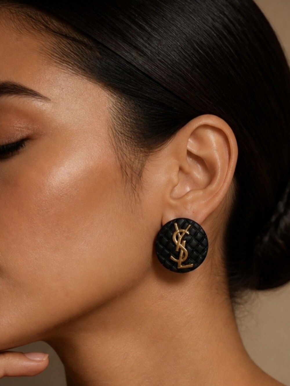 Yves Saint Laurent Black Quilted Metal Button Earrings with Gold YSL Monogram